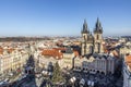 Old Town of Prague, Czech Republic. View on Tyn Church and Jan Hus Memorial on the square as seen from Old Town City Hall during Royalty Free Stock Photo