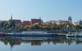 Old Town of Prague district Na Frantisku with surrounding area, St. Agnes convent and docked cruise boats.