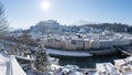 Old town of Salzburg with Fortress Hohensalzburg, Austria covered by snow Royalty Free Stock Photo