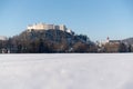 Old town of Salzburg with Fortress Hohensalzburg, Austria covered by snow Royalty Free Stock Photo