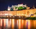 Old town of Salzburg reflected in the calm waters of Salzach river. Incredible night cityscape of Salzburg with Hohensalzburg Cast