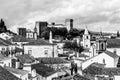 Old town skyline of Obidos, Portugal with house roof tops, church towers and the wall of the medieval castle located in the civil Royalty Free Stock Photo