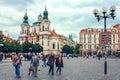 Old Town of Prague, Czech Republic. View on Tyn Church and Jan Hus Memorial on the square as seen from Old Town City Hall. Blue su Royalty Free Stock Photo