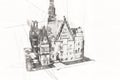 Old town square with city hall, Wroclaw, Poland, art illustration retro vintage antique sketch Royalty Free Stock Photo