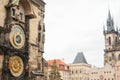 Old Town Square in Prague on Christmas Day. View of an astronomical clock, a Christmas tree and a castle. Christmas in Royalty Free Stock Photo