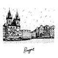 Old town square. Prague, Czech Republic. Graphic sketch