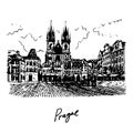 Old town square. Prague, Czech Republic. Graphic sketch