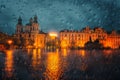 Old Town square of Prague in rainy weather, view through the wet window, photo art image, Czech Republic Royalty Free Stock Photo