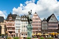 Old town square romerberg with Justitia statue in Frankfurt.