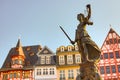 Old town square Romerberg with Justitia statue in Frankfurt Main, Germany with clear sky