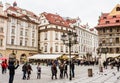 Old Town Square or Staromestske Namesti with the painted facade of House At The Minute or Dum u Minuty, Prague, Bohemia, Czech