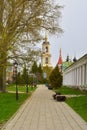 Old town street with a bell tower