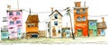 Old town street scene hand drawn watercolor illustration. Royalty Free Stock Photo