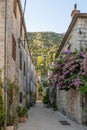 Old town street view with city wall on hill in sunset hour in Ston Ragusa in Croatia summer