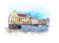 Old town, Tallinn, Estonia. Watercolor sketch.