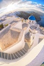 Old Town of Thira on the island Santorini, white church against colorful sunset in Greece Royalty Free Stock Photo