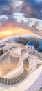 Old Town of Thira on the island Santorini, white church against colorful sunset in Greece Royalty Free Stock Photo