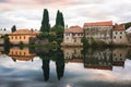 Old town of Trebinje and Trebisnjica river with beautiful reflections