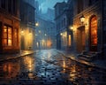 The old town Wet cobblestone road has a cobble stone street. Royalty Free Stock Photo