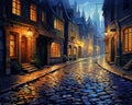 The old town Wet cobblestone road has a cobble stone street. Royalty Free Stock Photo