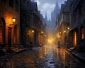 The old town Wet cobblestone road has a cobble stone street. Royalty Free Stock Photo