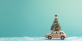 Old toy car with Christmas decorations and pine tree on the roof. Christmas is coming concept on light blue background with copy Royalty Free Stock Photo