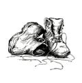 Old track shoes sketch, ink drawing Royalty Free Stock Photo