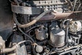 Old tractor engine close-up. Worn out engine in full frame. Background Royalty Free Stock Photo