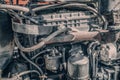 Old tractor engine close-up. Worn out engine in full frame. Background Royalty Free Stock Photo