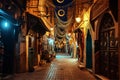 Old traditional arabic street in night with ramadan garlands and crescent moon