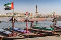 Old traditional boats on the bay Creek in Dubai, United Arab Emirates Royalty Free Stock Photo