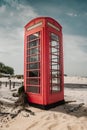 An old, traditional, British red telephone box on the sandy beach at Shell Bay, Isle of Purbeck, near Sandbanks, Dorset, England, Royalty Free Stock Photo
