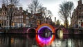 Old traditional Dutch bridge in the city channel close-up