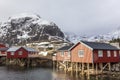 Old traditional fisherman`s house called Rorbu at Moskenes in Lofoten islands. Norway.
