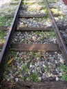 old traditional steel railway with weathered wooden railroad sleeper on granite rocks and green grass ground floor Royalty Free Stock Photo