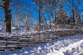 Old traditional Swedish wooden fence in winter sunny day. Royalty Free Stock Photo