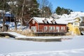 Old traditional Swedish wooden houses on the seashore. Two houses on the Baltic sea coast Royalty Free Stock Photo