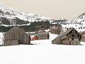 Old traditional swiss rural architecture and alpine livestock farms in the winter ambience of the region over the Lake Walen