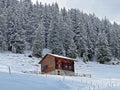 Old traditional swiss rural architecture and alpine livestock farms in the winter ambience of the tourist resort of Lenzerheide