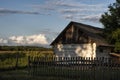 Old traditional Ukrainian log house in the village.