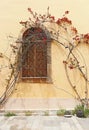 Old traditional window with bougainvillea flowers at Nafplio town Greece Royalty Free Stock Photo