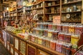 Old traditional wooden candy shop with colourful sweets