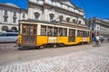 The old and traditional yellow tram in Milan, Italy