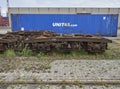 Old Train Bogies taken from dismantled Trains on tracks at Container Port in Amsterdam. Royalty Free Stock Photo