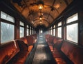 Old train car interior velvet seats peeling paint bright window light Royalty Free Stock Photo