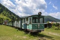 Old train on Carpathian narrow-gauge in Ethnographic Museum Old Village in Kolochava, Ukraine