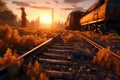 old train derailment site during golden hour Royalty Free Stock Photo