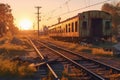 old train derailment site during golden hour Royalty Free Stock Photo
