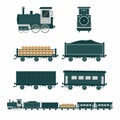 Old train flat style. Set of flat vintage train transportation icons. Steam train  passenger train and and cargo train front and Royalty Free Stock Photo