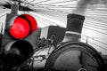 Old train with red traffic light black and white image Royalty Free Stock Photo